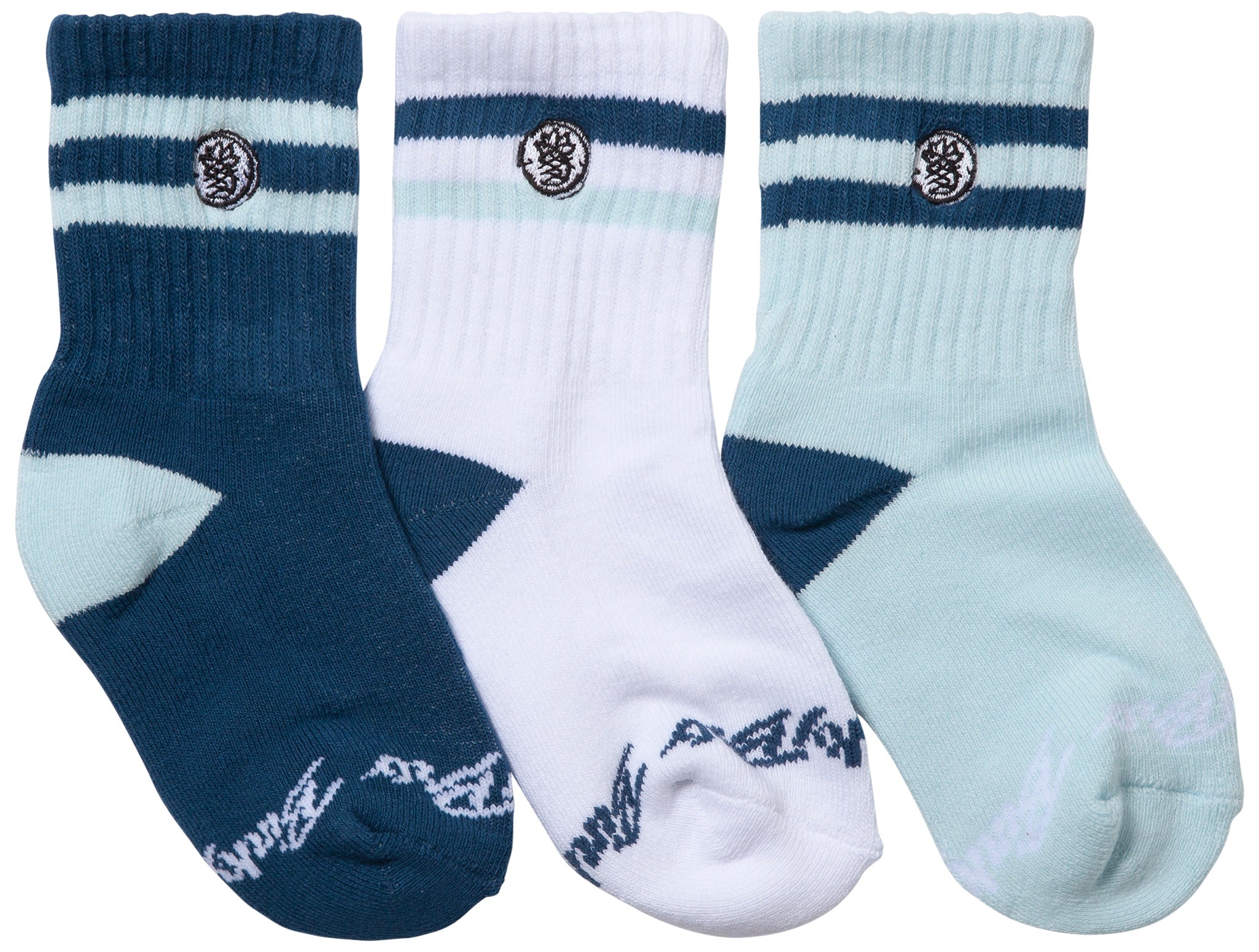 Three-pack of socks in indigo shades featuring a mix of dark blue, white, and light blue with striped designs.