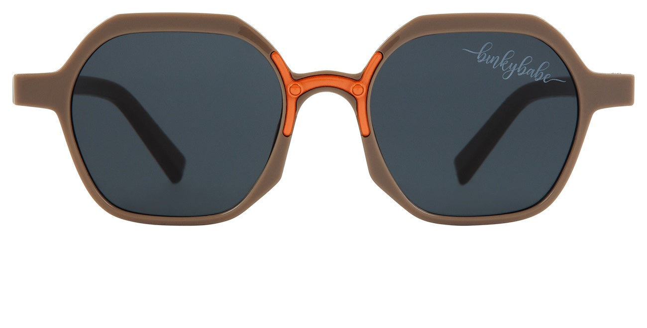 Stylish children's sunglasses with a brown frame and orange accents, featuring dark lenses for UV protection.