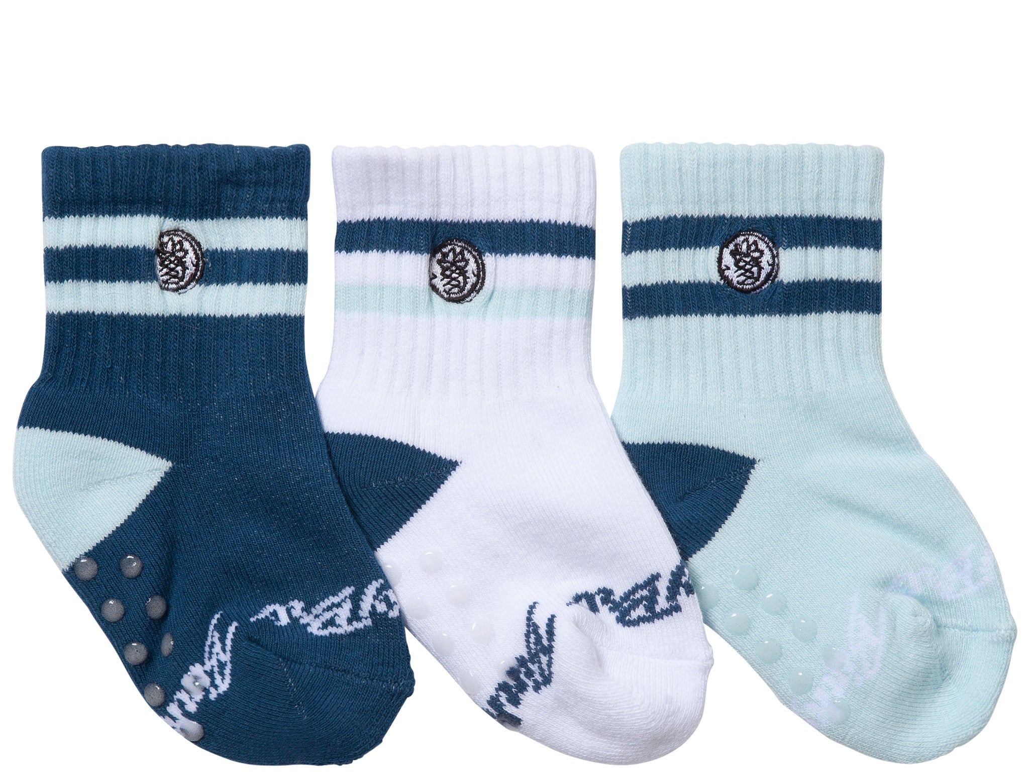Three pairs of toddler socks in indigo and mint colors, featuring stripes and non-slip grips for active little ones.