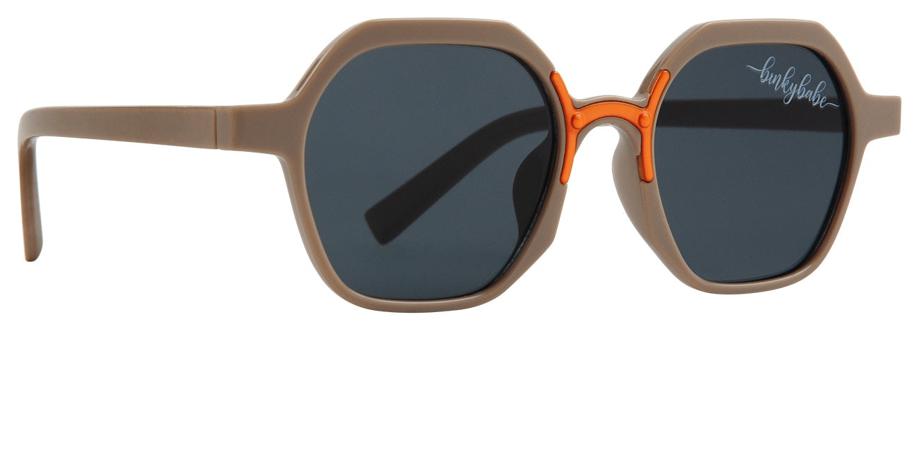 Stylish octagonal sunglasses in taupe with orange accents, featuring dark lenses for UV protection. Perfect for kids.
