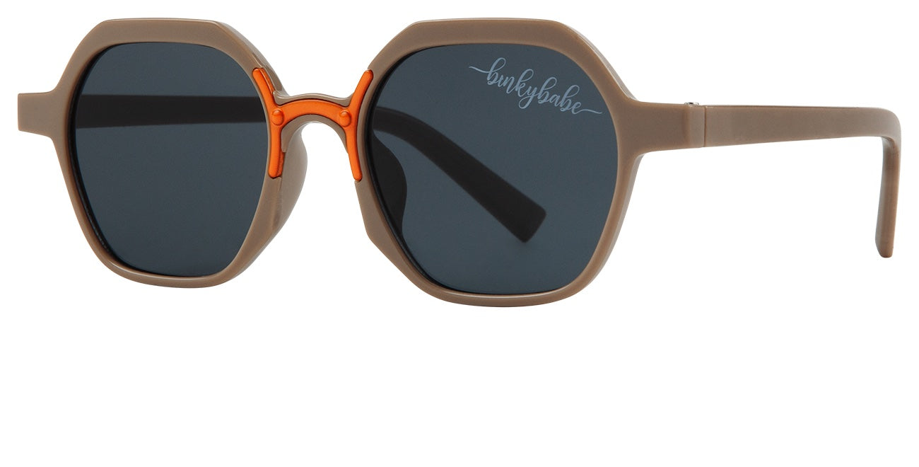Stylish octagonal sunglasses with dark lenses and orange accents, perfect for trendy kids and youth.