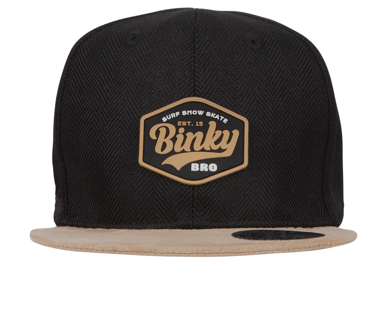 Black snapback hat with a herringbone pattern and a tan brim, featuring a BinkyBro logo patch. Ideal for stylish youth apparel.