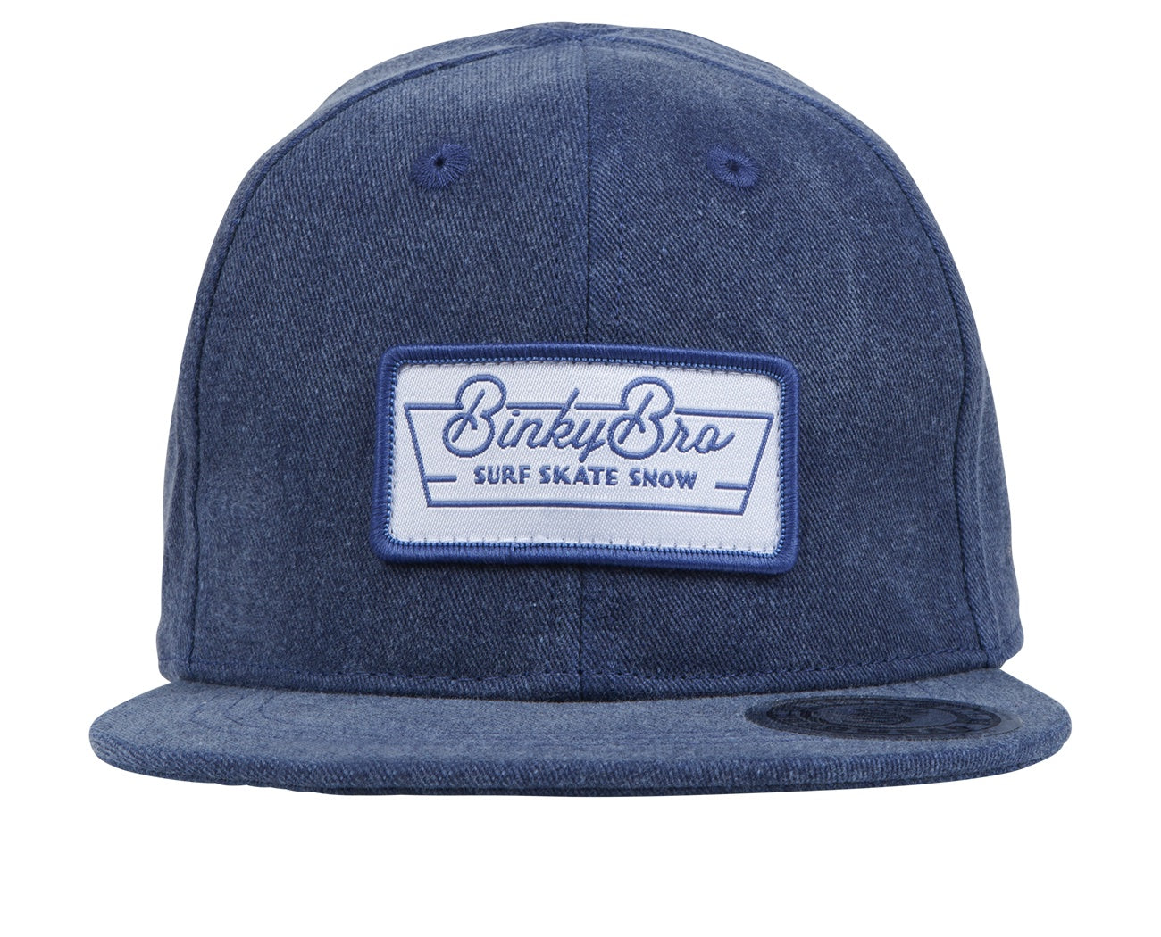 Stylish navy snapback hat featuring a white BinkyBro logo patch, perfect for kids embracing surf and skate culture.