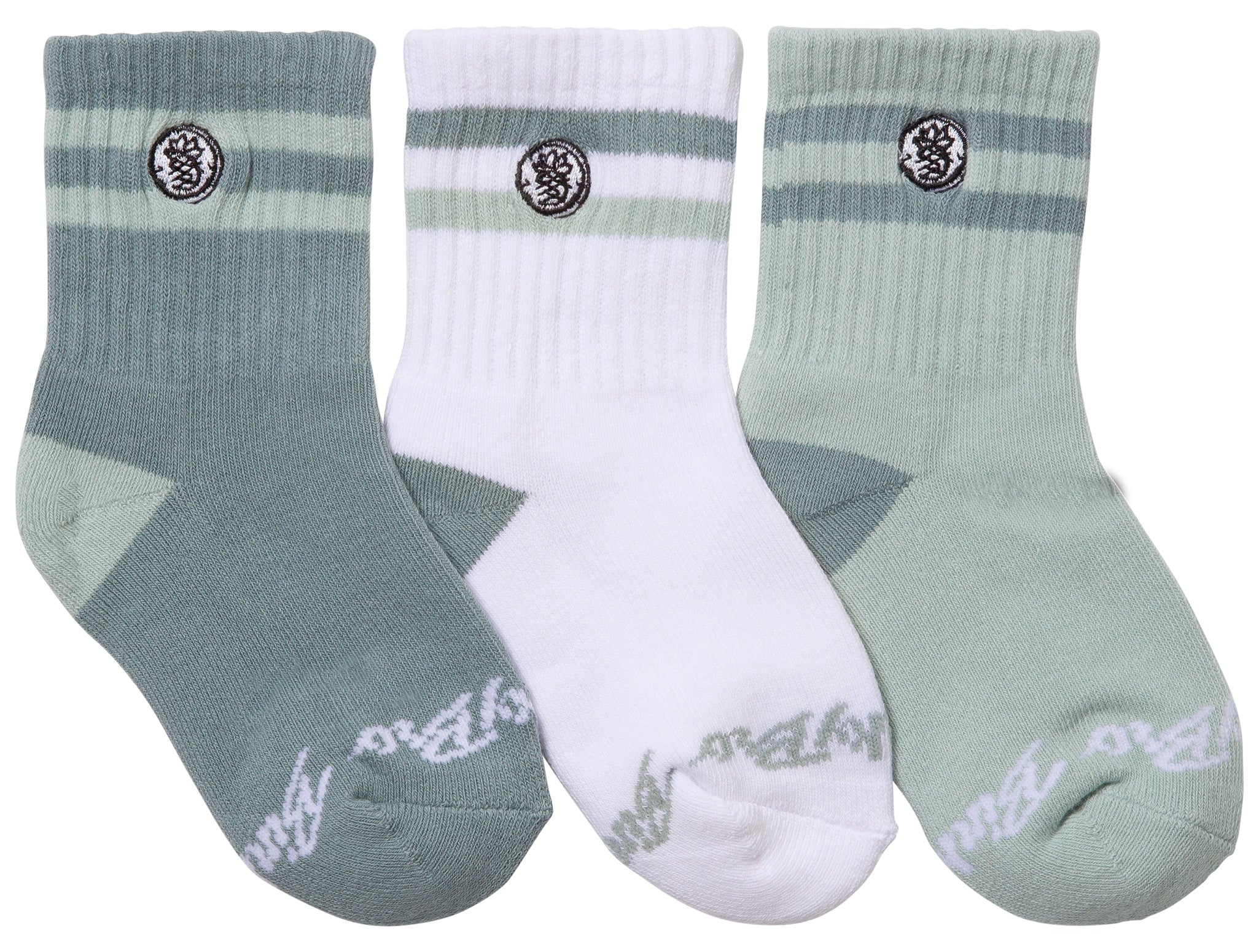 Three pairs of stylish socks in green and white tones, featuring a logo and striped design, perfect for kids' casual wear.