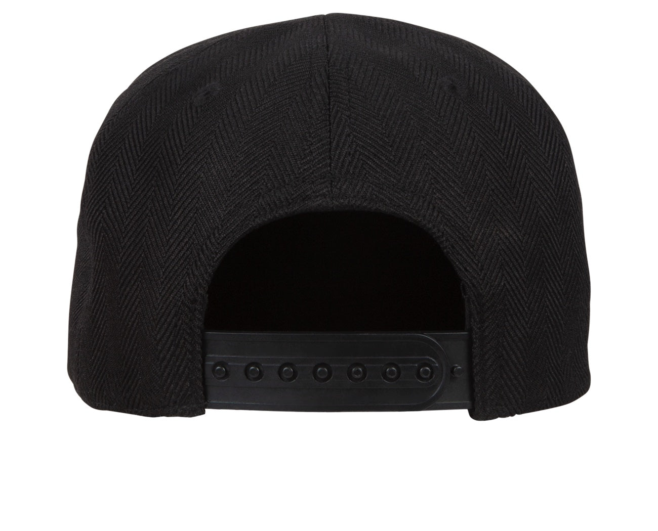 Black snapback hat with a herringbone texture and adjustable strap at the back, designed for stylish youth wear.