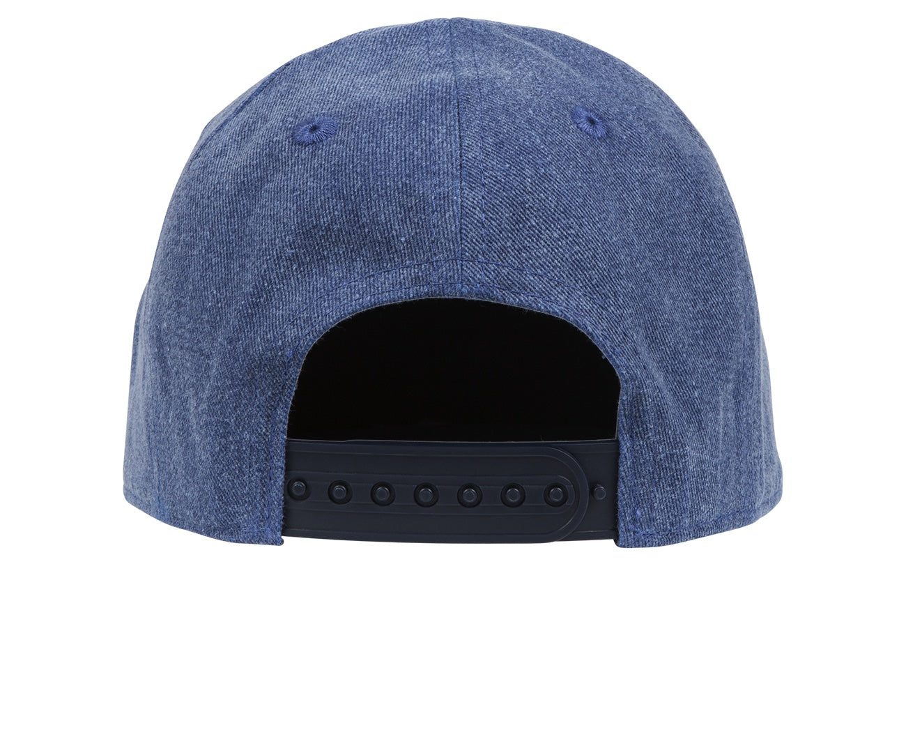 Back view of The Wedge snapback hat in denim blue, featuring an adjustable strap for a comfortable fit.