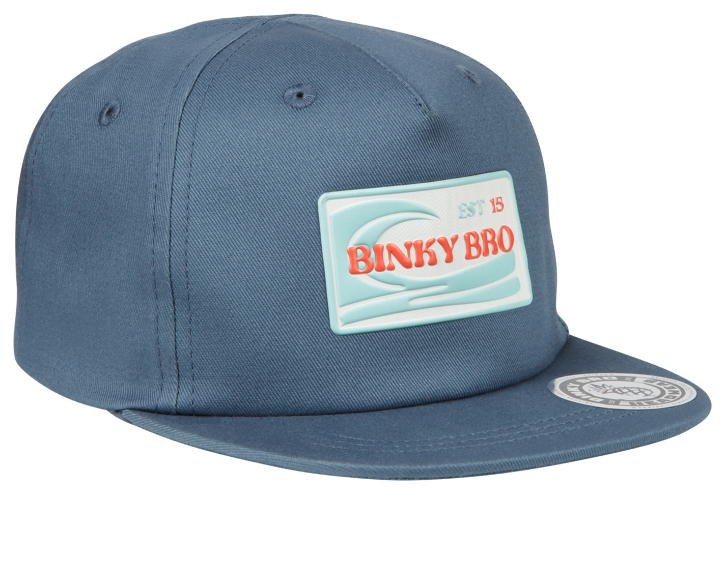 Stylish blue snapback cap featuring a retro Binky Bro logo, perfect for kids embracing surf and skate culture.