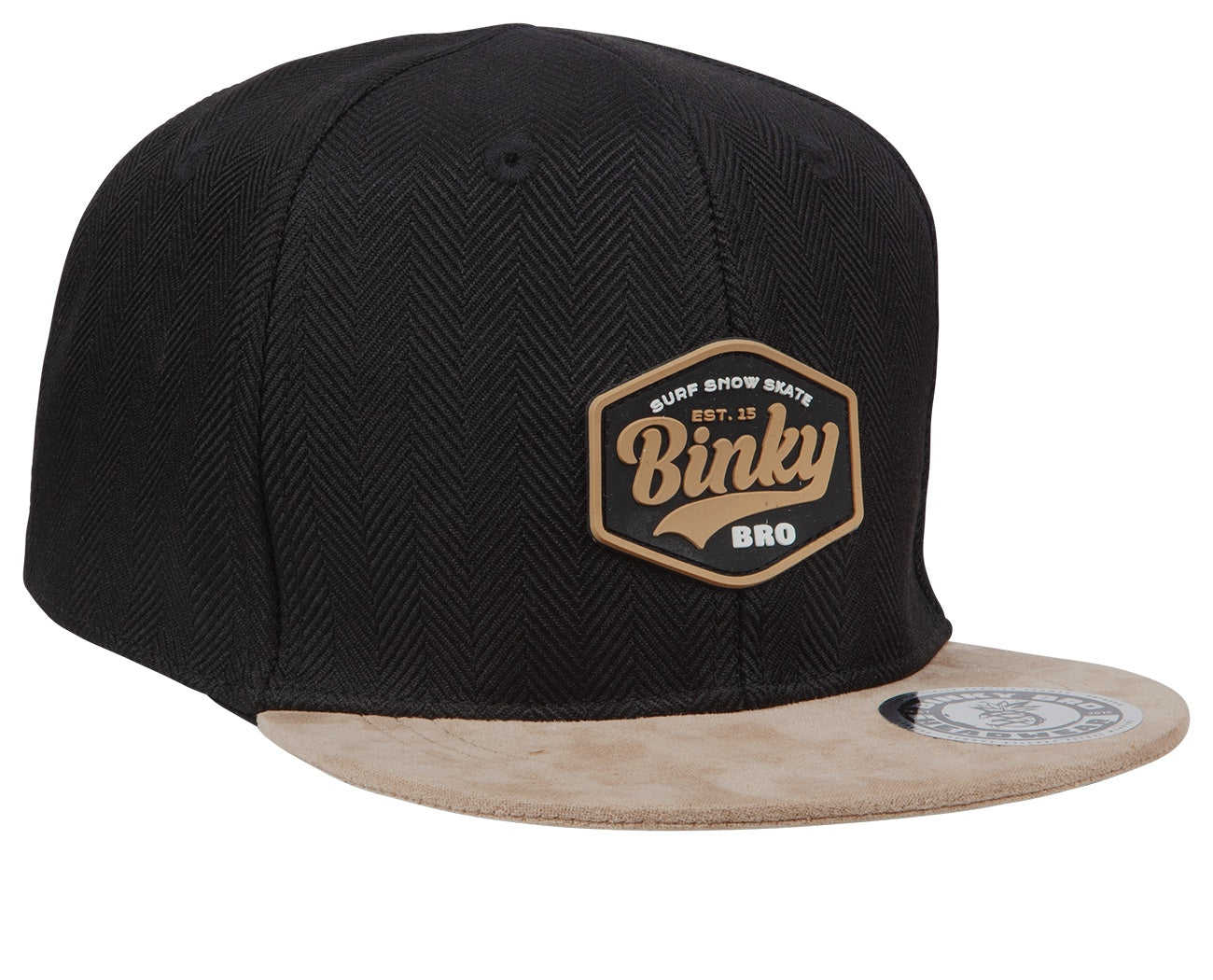 Stylish black snapback hat with a herringbone pattern and a leather patch logo from BinkyBro, perfect for kids.