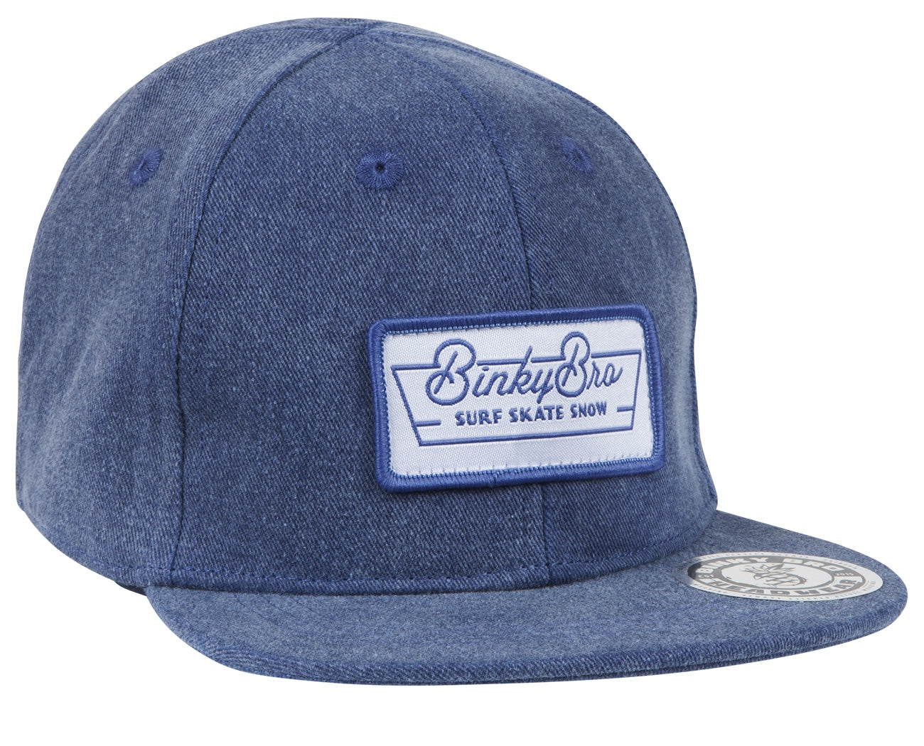 Stylish blue snapback hat with a white BinkyBro logo patch, perfect for kids embracing a surf and skate lifestyle.