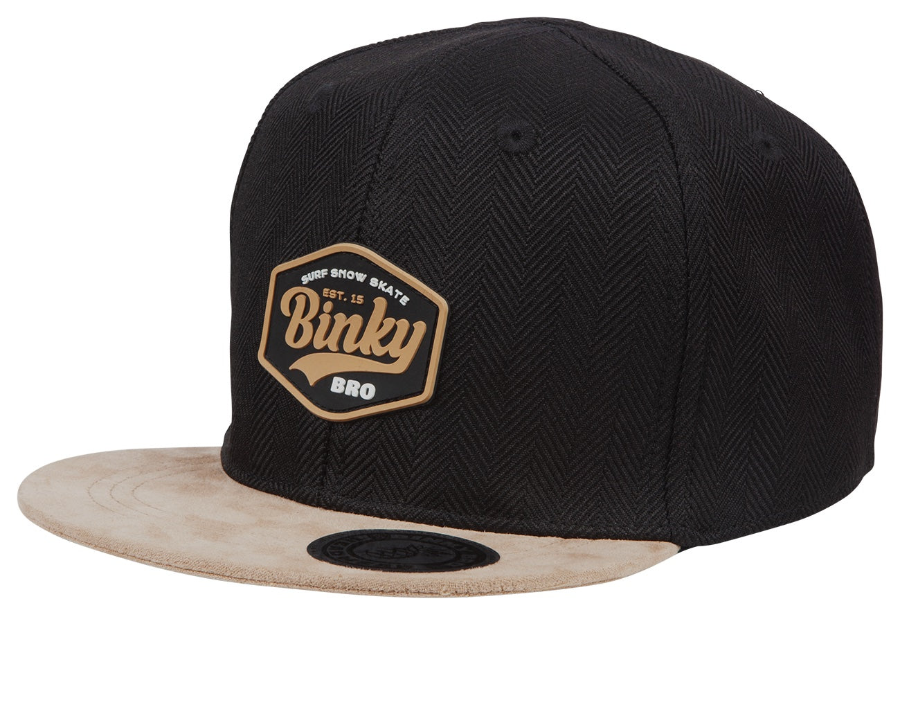 Stylish black snapback hat with a textured herringbone pattern and a tan suede brim, featuring a BinkyBro logo patch.