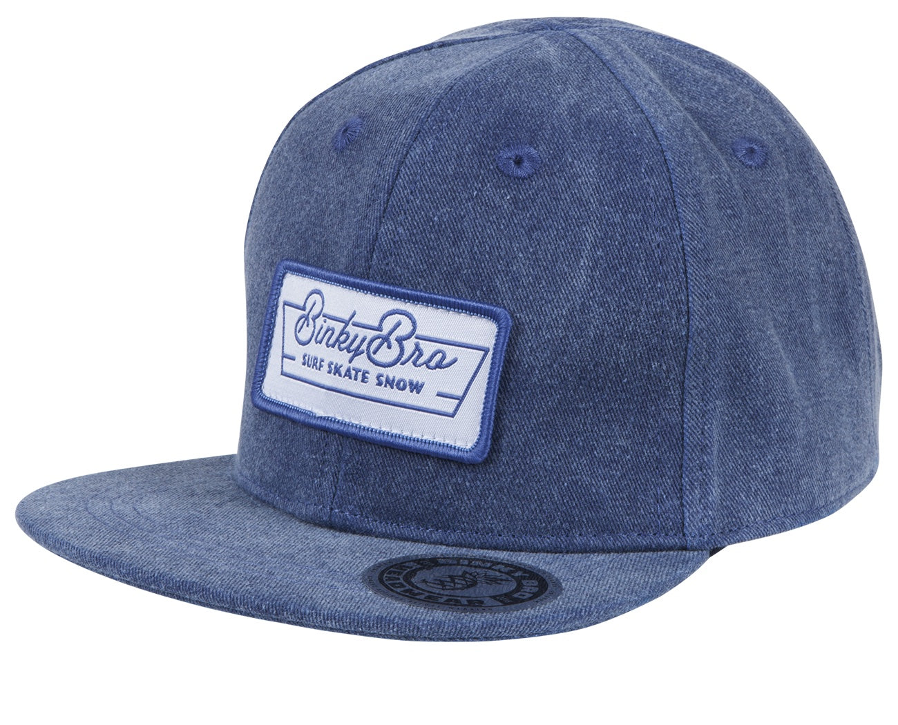 Stylish denim snapback hat featuring a bold BinkyBro logo, perfect for young surf and skate enthusiasts.