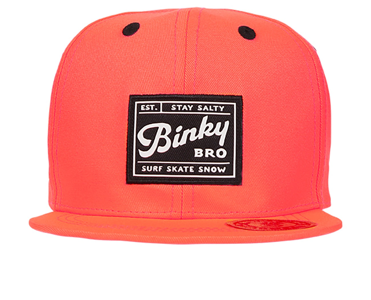 Bright coral snapback hat featuring a black Binky Bro logo patch, designed for stylish kids embracing surf and skate culture.