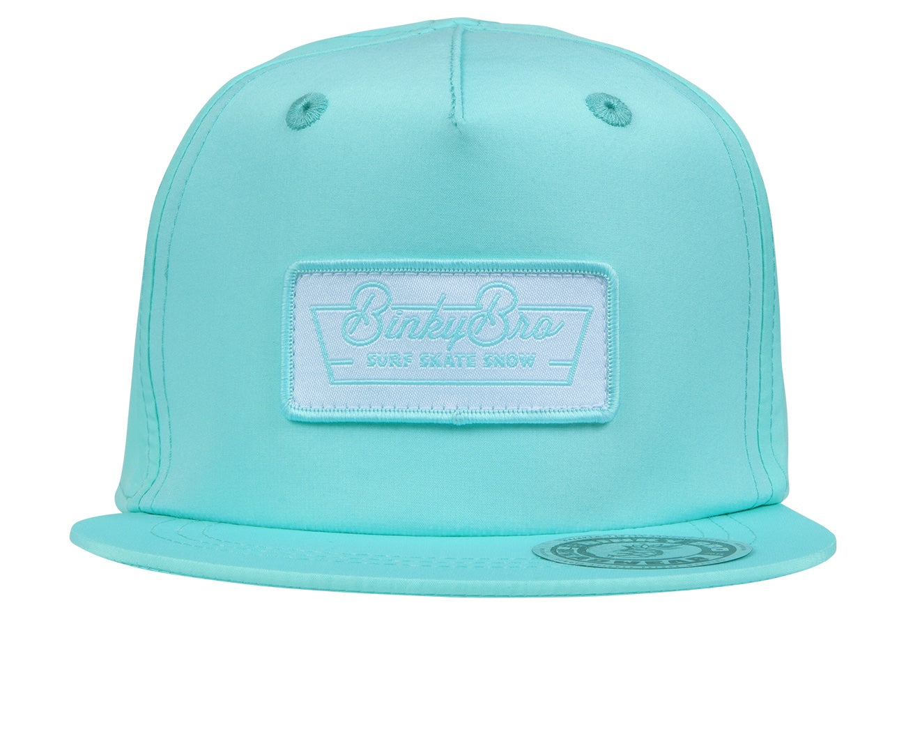Light blue snapback hat featuring a white embroidered logo patch for BinkyBro, designed for stylish youth apparel.
