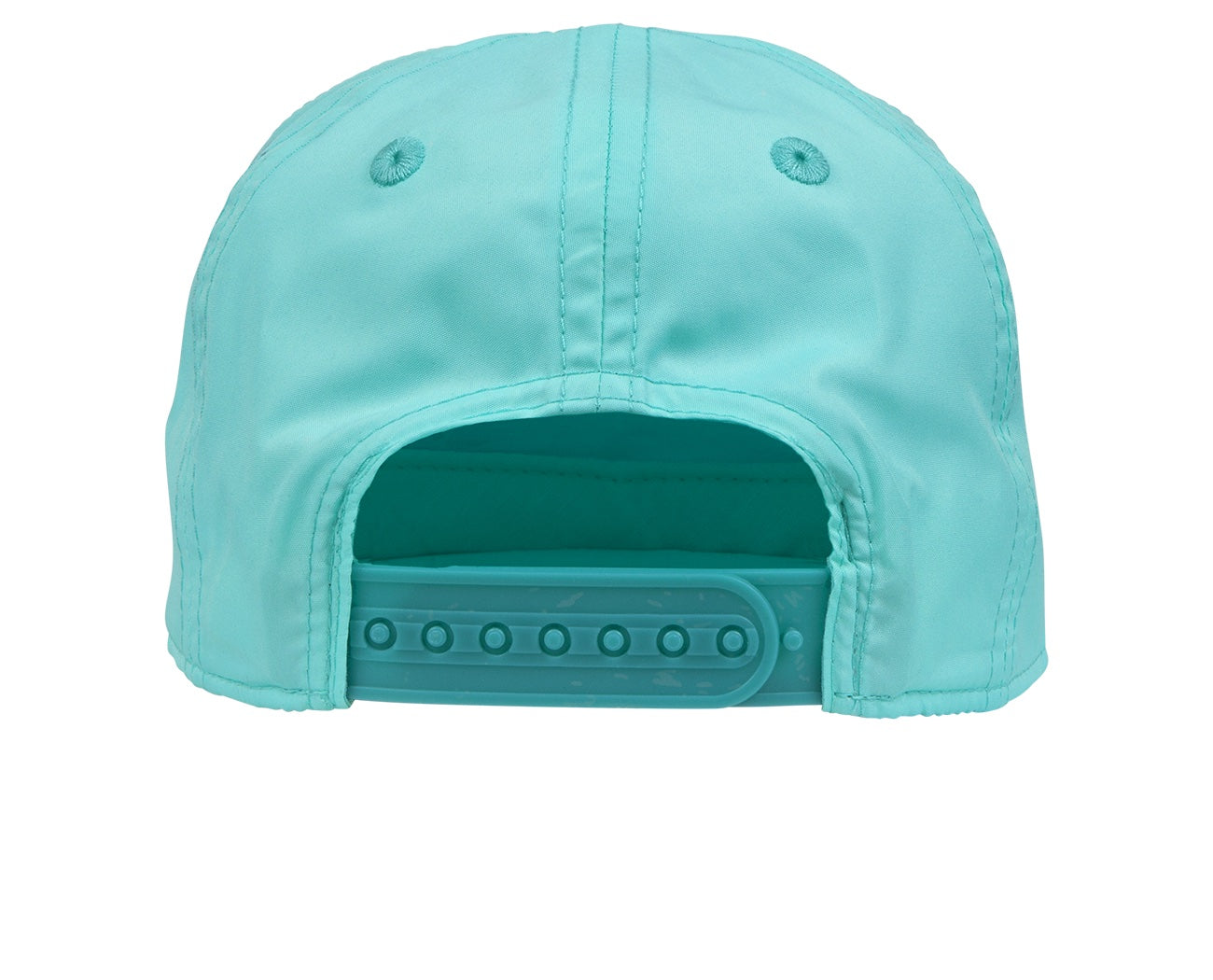 Back view of a turquoise snapback cap featuring an adjustable strap for a comfortable fit. Ideal for kids' outdoor adventures.