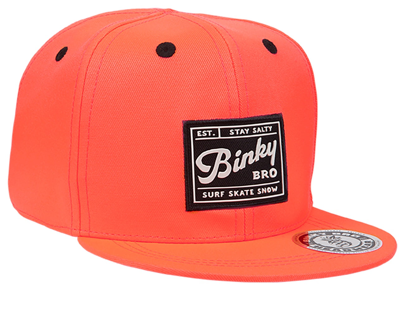 Bright orange snapback hat with a black Binky Bro logo patch, designed for a stylish surf and skate lifestyle.