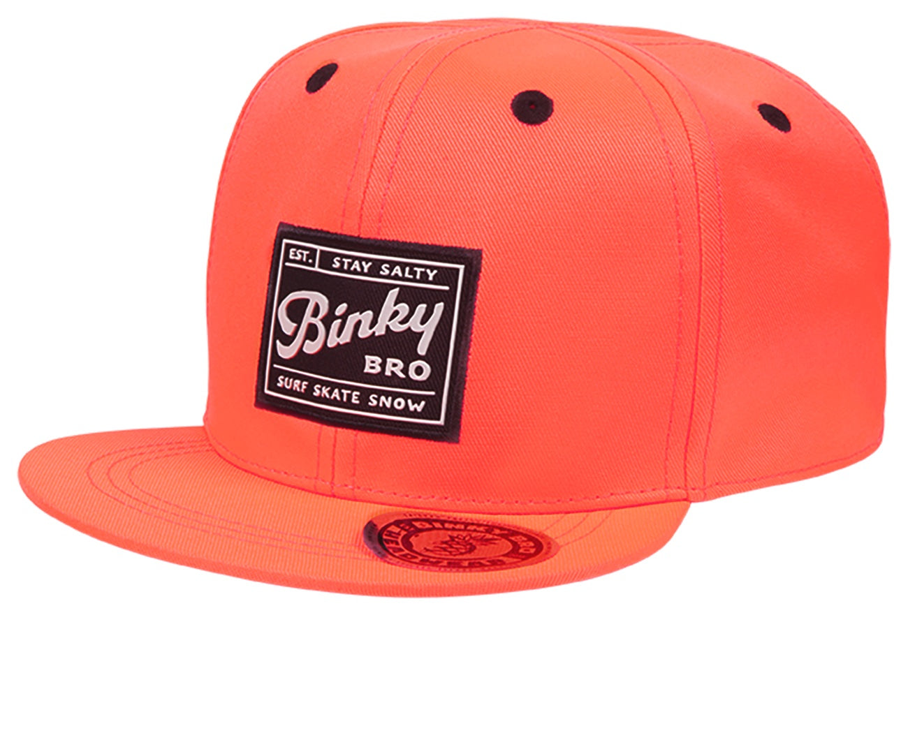 Bright orange snapback cap from BinkyBro featuring a black logo patch, designed for stylish kids embracing surf and skate culture.