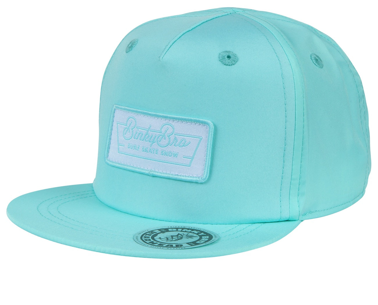 Aqua snapback hat from BinkyBro featuring a stitched logo patch, designed for stylish infants and toddlers.