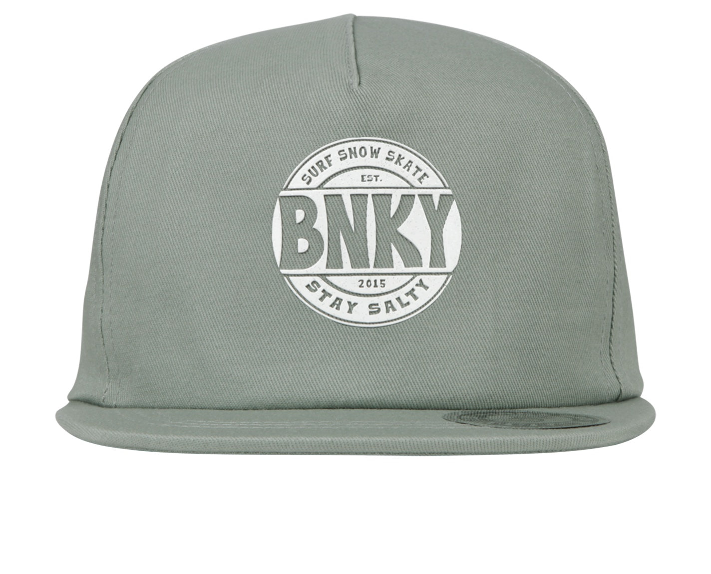 Stylish green snapback hat featuring a circular BNKY logo, perfect for kids embracing a surf-snow-skate lifestyle.