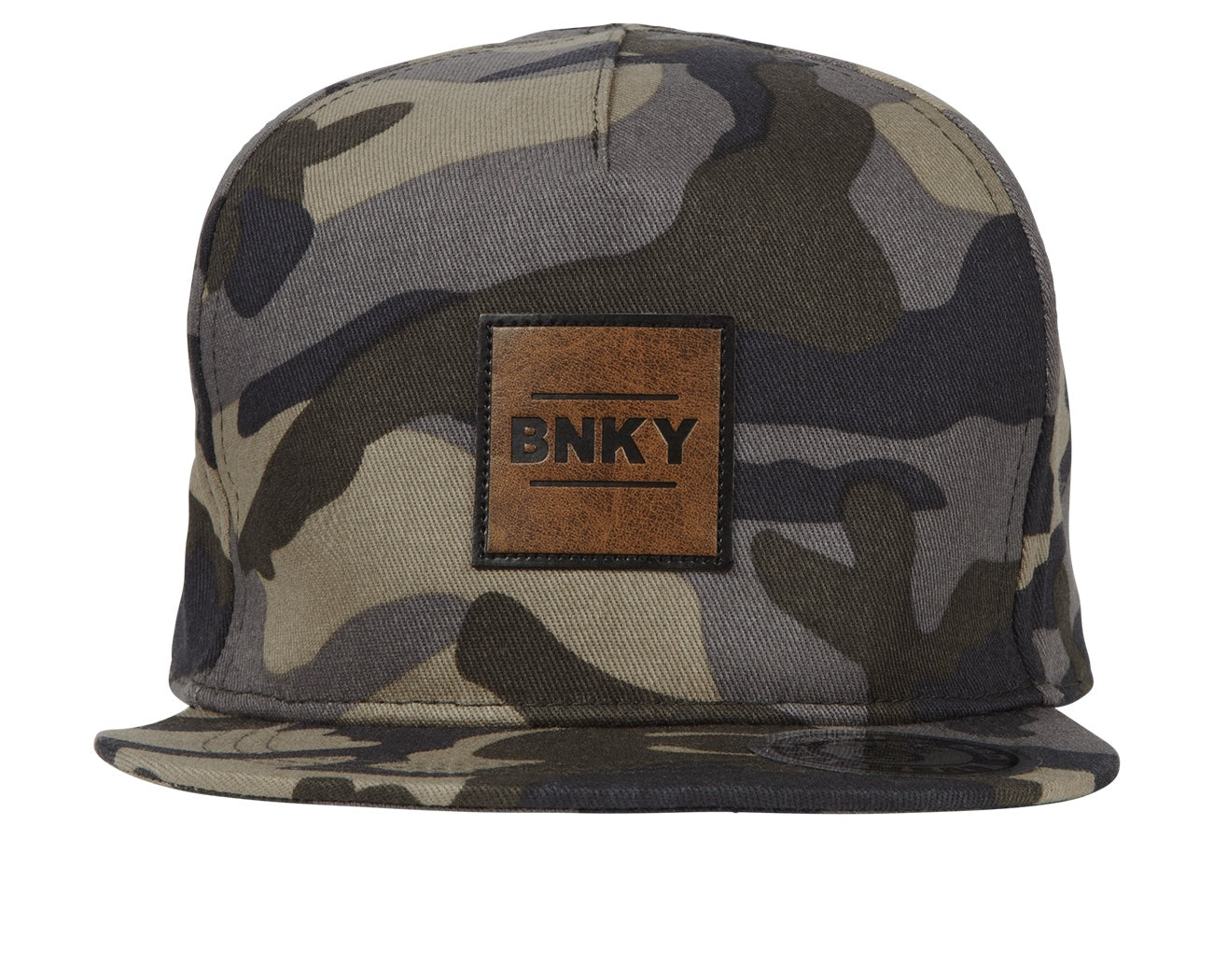 Stylish camo snapback hat featuring a leather BNKY patch, perfect for kids embracing a surf-snow-skate lifestyle.