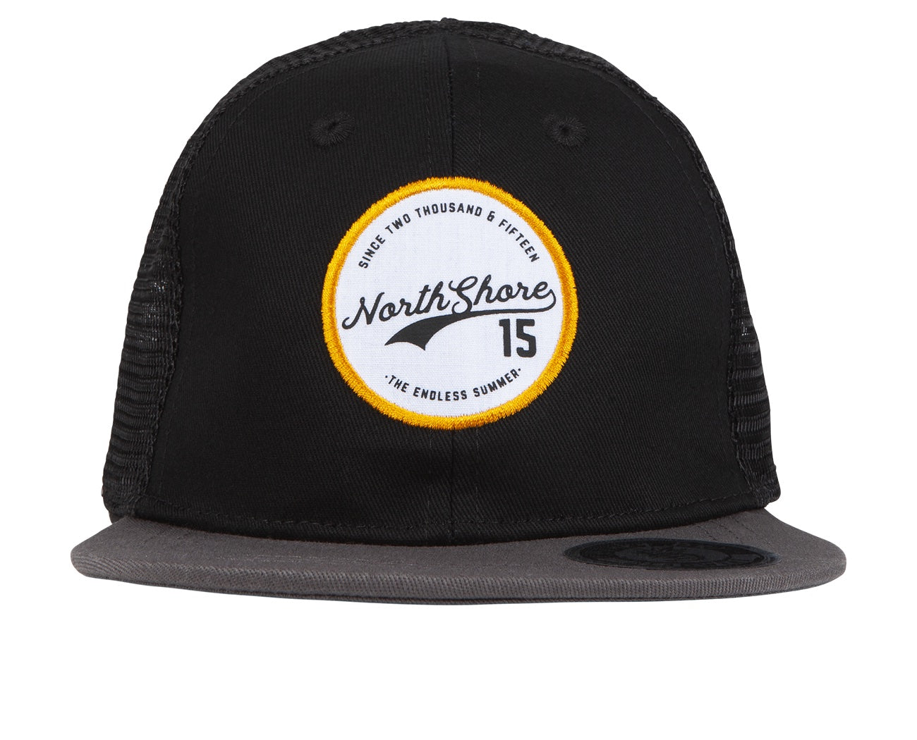 Stylish black snapback hat featuring a round North Shore logo and a gray brim, perfect for kids' surf and skate lifestyle.