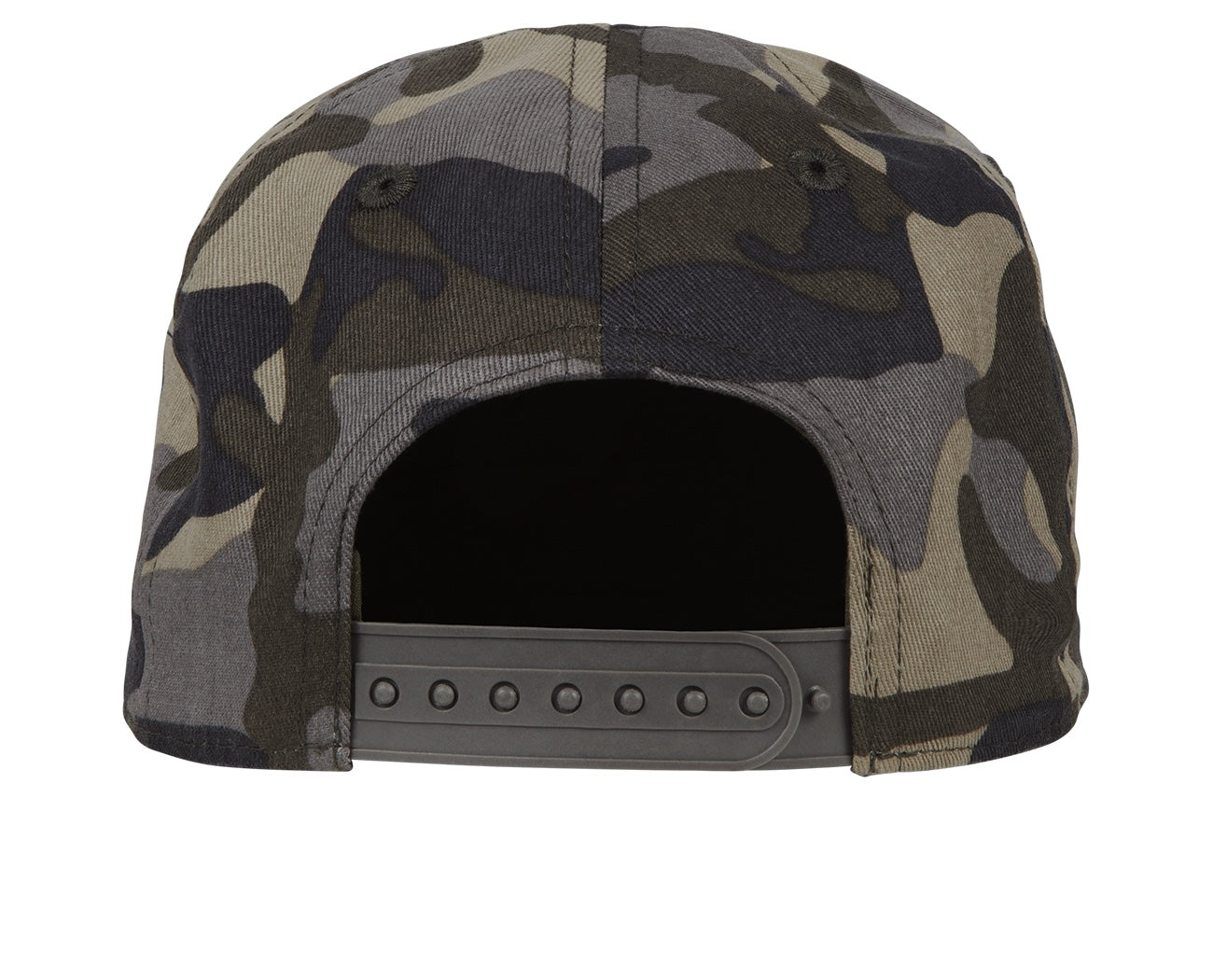 Back view of a camo-patterned snapback hat featuring a black adjustable strap, designed for stylish youth wear.