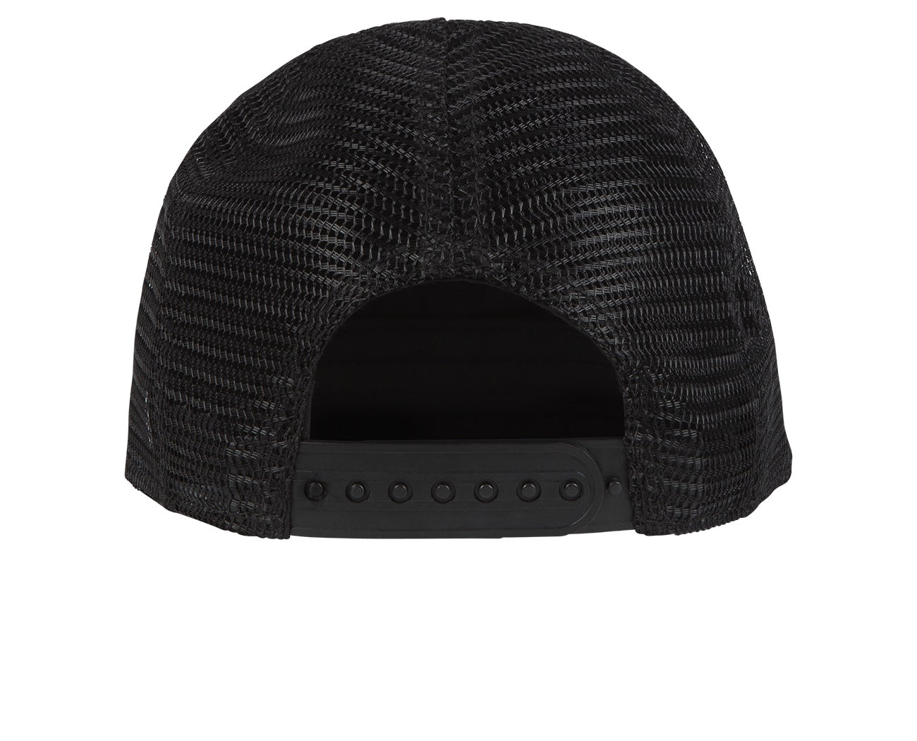 Black mesh snapback hat with a flat brim and adjustable strap, designed for a stylish and comfortable fit.