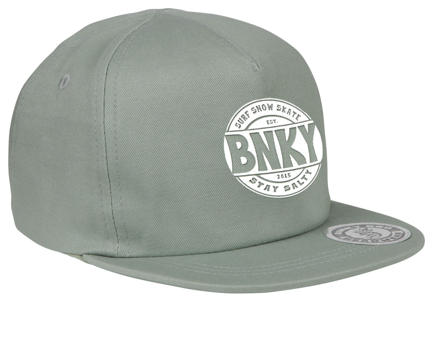 Stylish green snapback hat featuring a bold BNKY logo, perfect for kids embracing a surf-snow-skate lifestyle.
