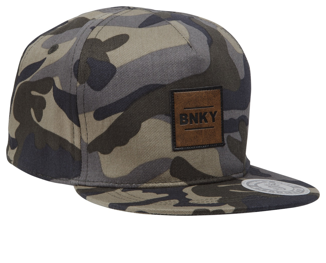 Stylish camo snapback hat with a leather BNKY patch, perfect for infants and toddlers embracing a surf-snow-skate lifestyle.