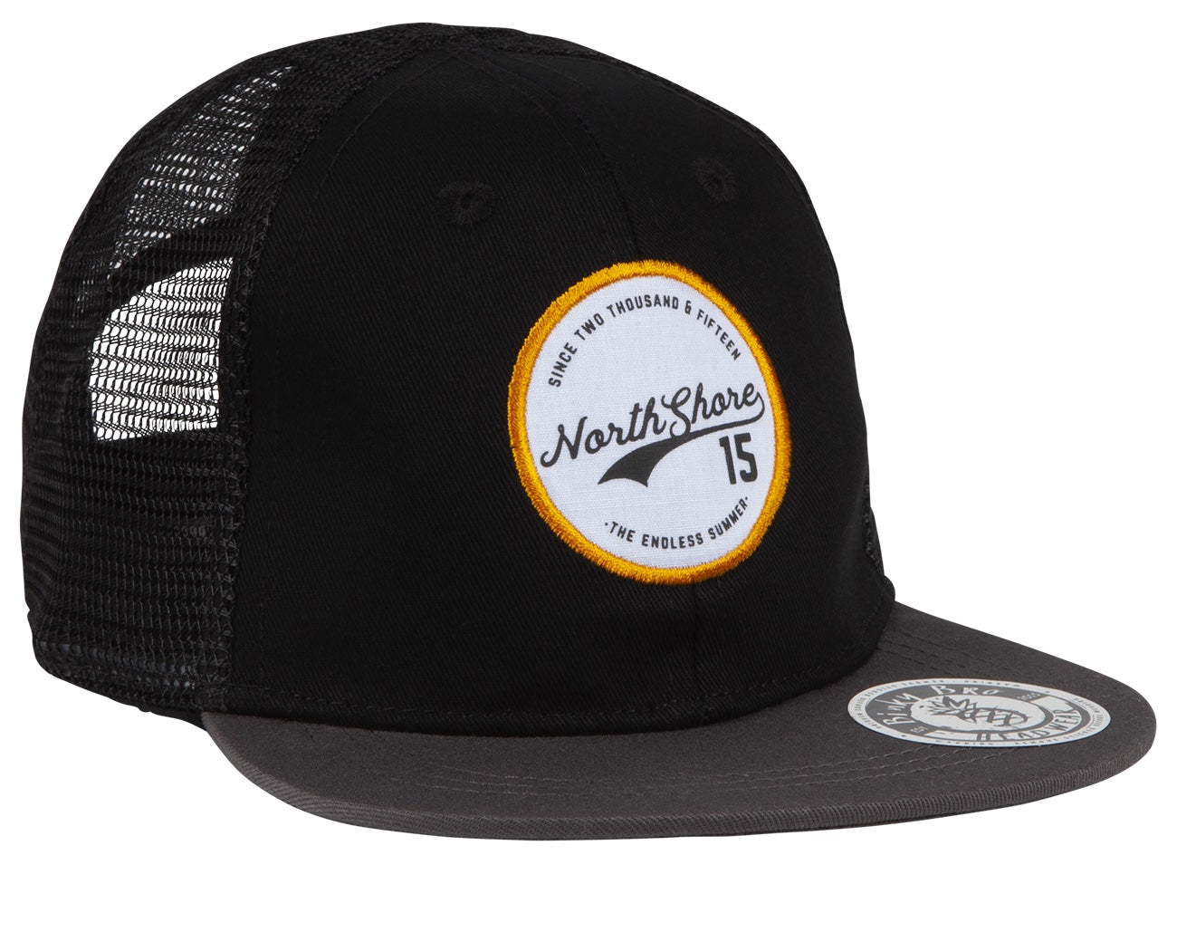 Stylish black North Shore snapback hat with mesh back and circular logo, perfect for kids embracing surf and skate culture.