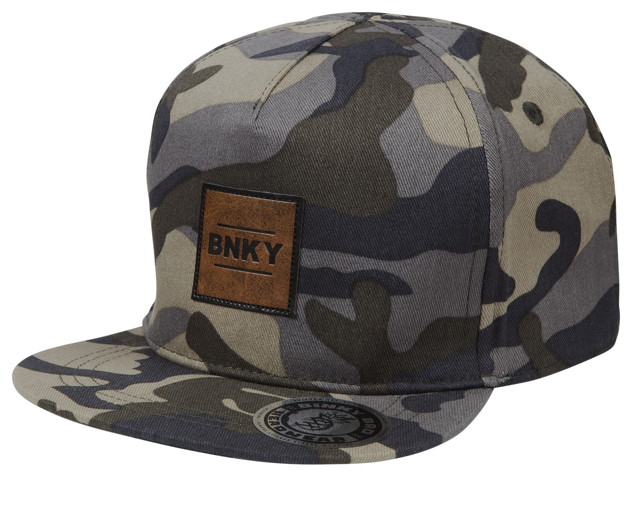 Stylish camo snapback hat with a leather BNKY patch, perfect for infants and toddlers embracing a surf-snow-skate lifestyle.