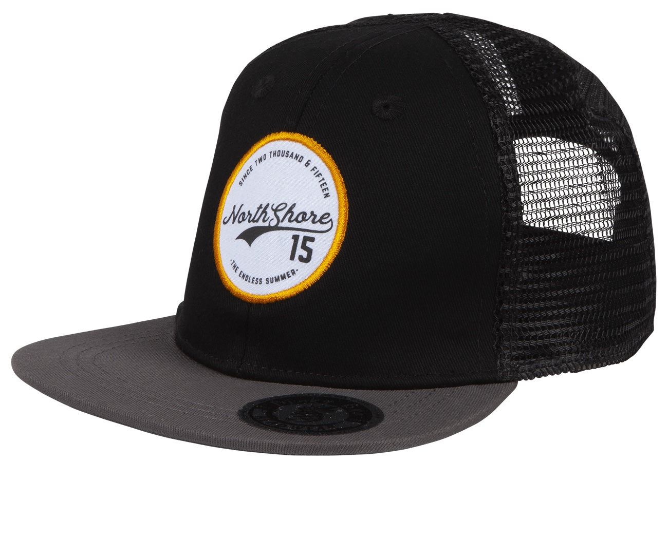Black and gray snapback hat featuring a circular North Shore logo and mesh back for breathability, ideal for kids.