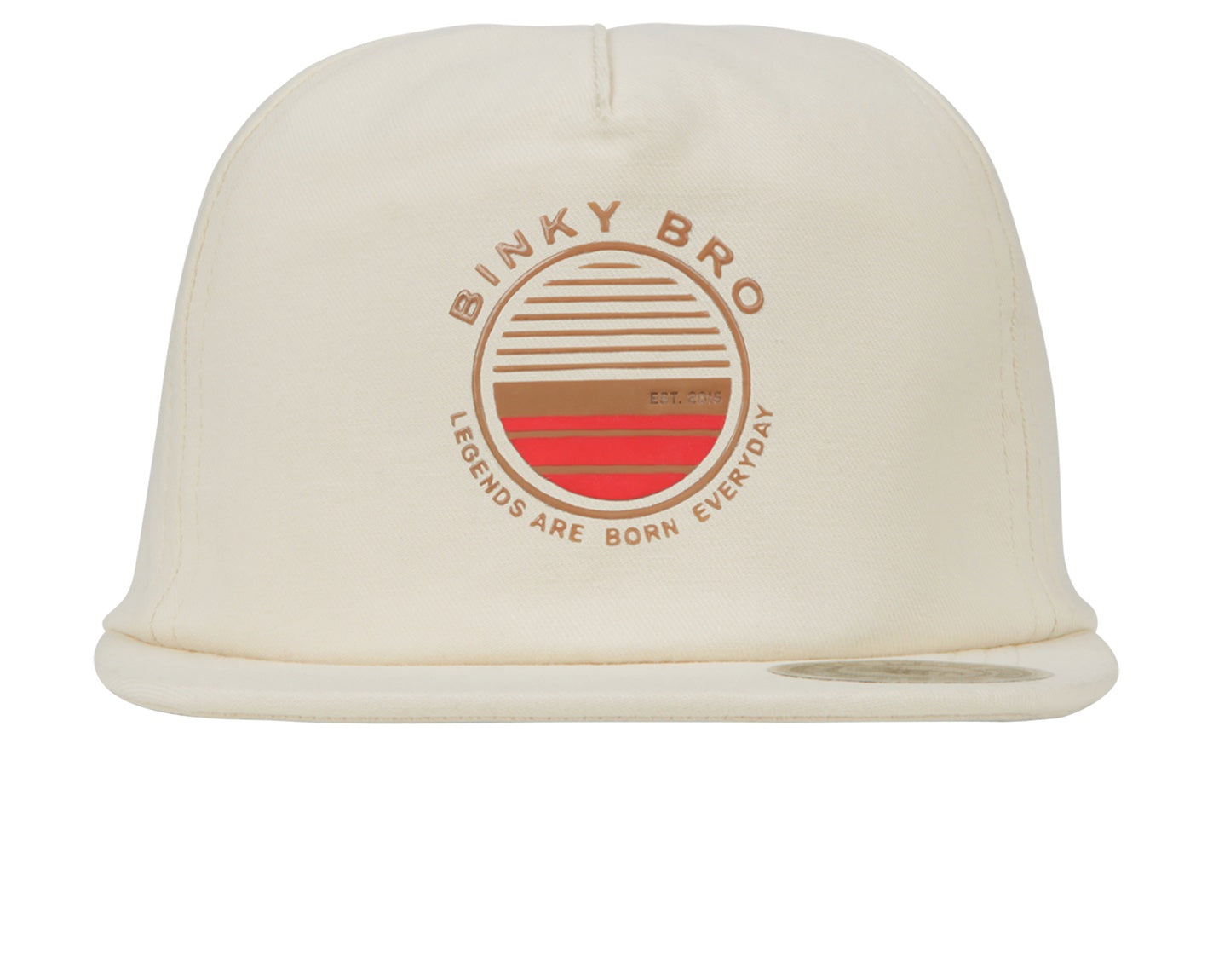 Cream snapback hat featuring a retro circular logo with "Binky Bro" and "Legends Are Born Everyday" text.