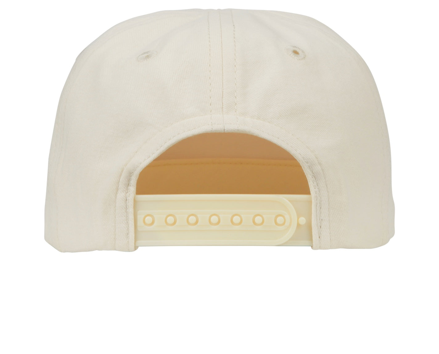 Back view of a cream-colored snapback hat featuring a plastic adjustable strap for a secure fit.