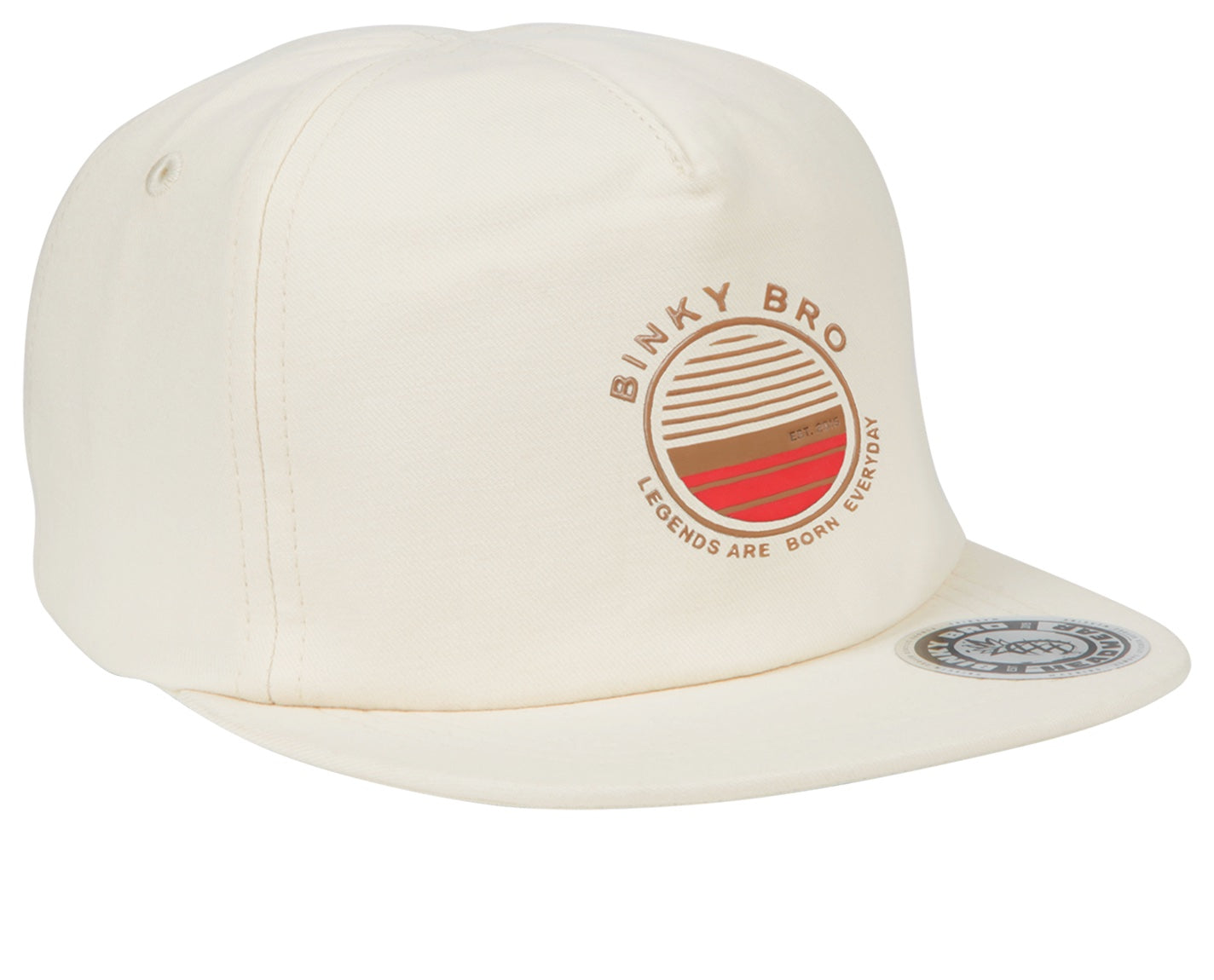 Stylish cream snapback hat featuring a retro-inspired graphic and the Binky Bro logo, perfect for kids' casual wear.