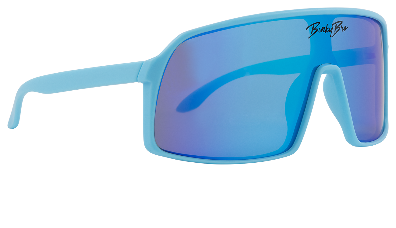 Stylish blue sunglasses with a large frame and mirrored lenses, perfect for kids embracing a surf-snow-skate lifestyle.