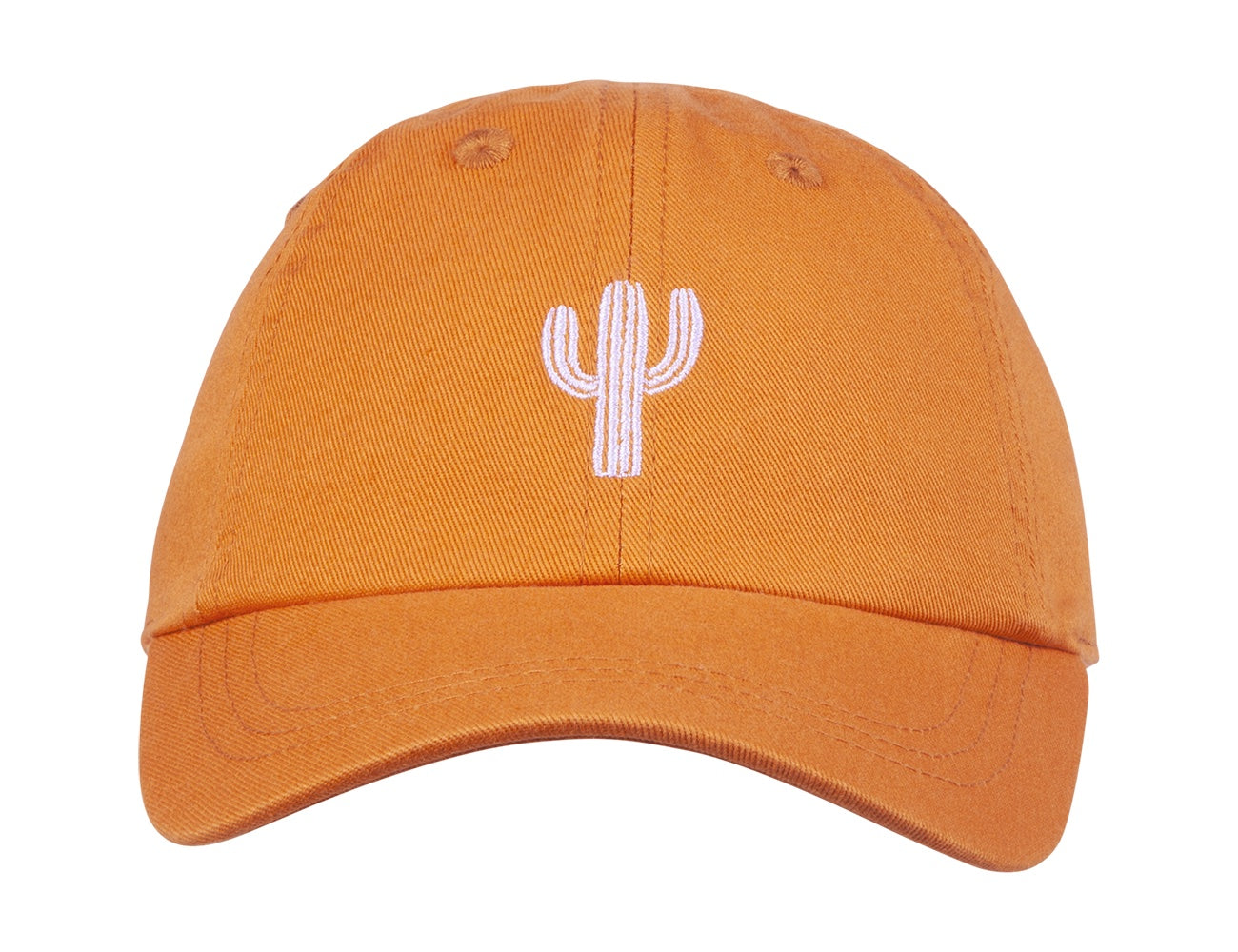 Stylish orange snapback cap featuring a white cactus embroidery, perfect for kids' surf-snow-skate adventures.