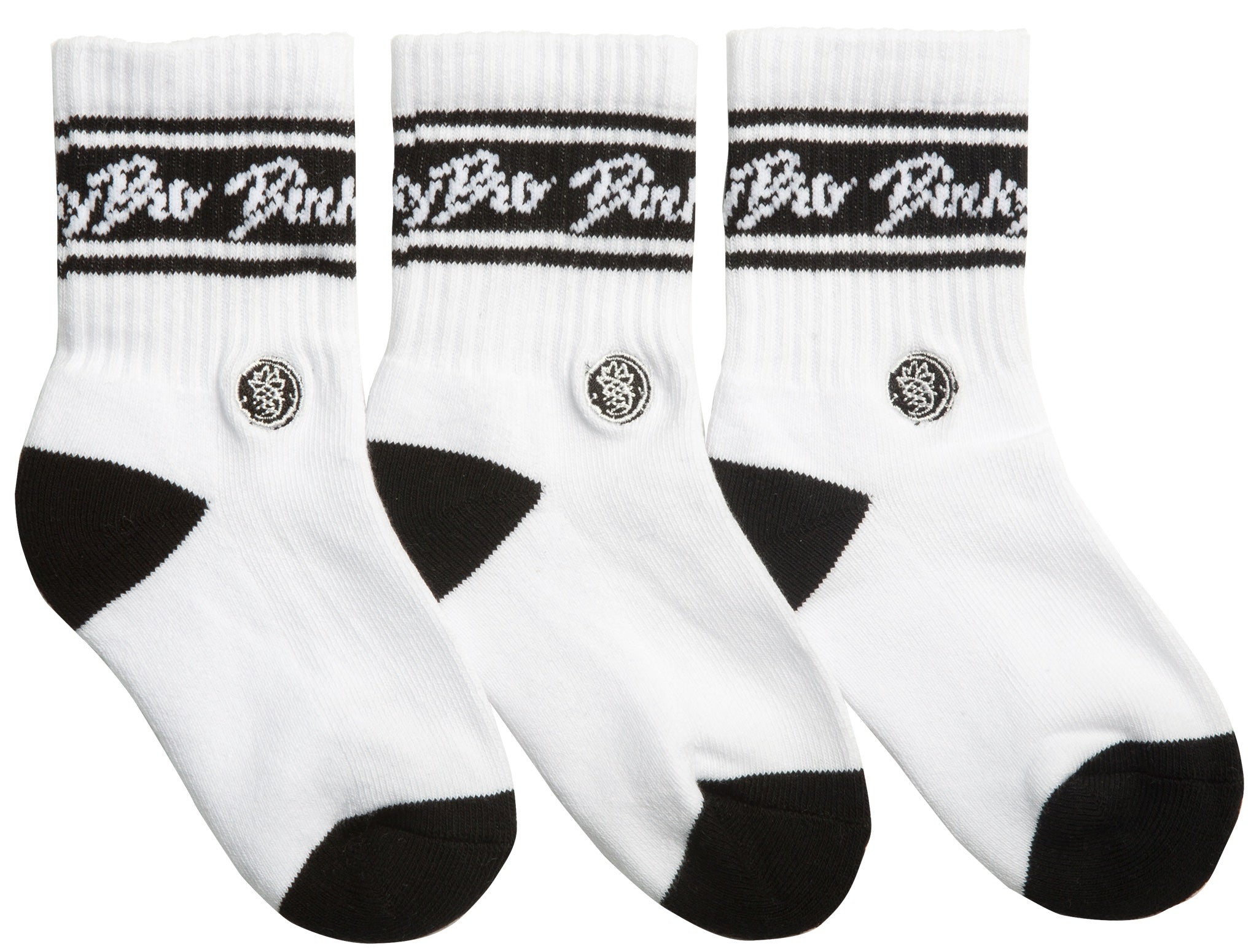 Three pairs of white socks featuring black stripes and the BinkyBro logo, designed for a stylish, minimalist look.