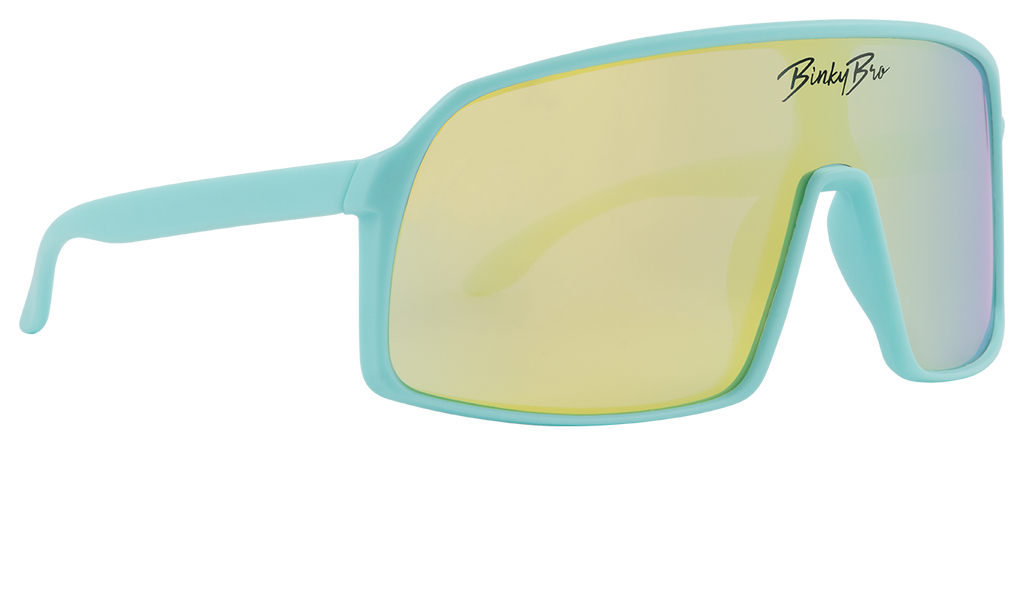 Our Monteverde Teal sunglasses have teal rims with a yellow colored reflective lens. Our BinkyBro signature logo is present on the top-middle of the lens. Size fits best for kids in the 18 months - 5 year range.