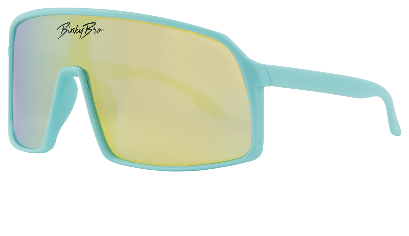 Teal sunglasses with a large, wraparound design and yellow-tinted lenses, ideal for outdoor adventures.