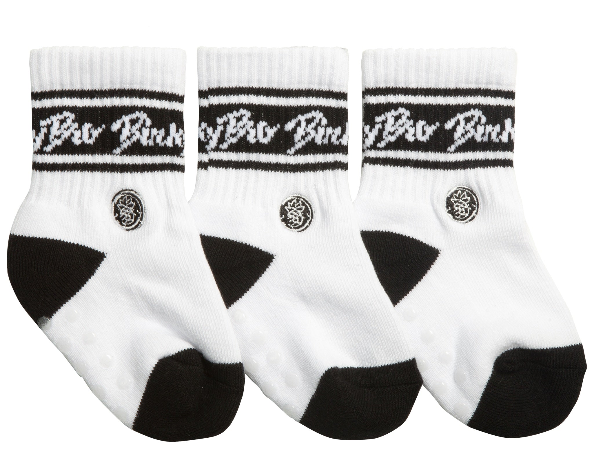 Three pairs of minimalist socks featuring a black and white design, ideal for infants and toddlers.