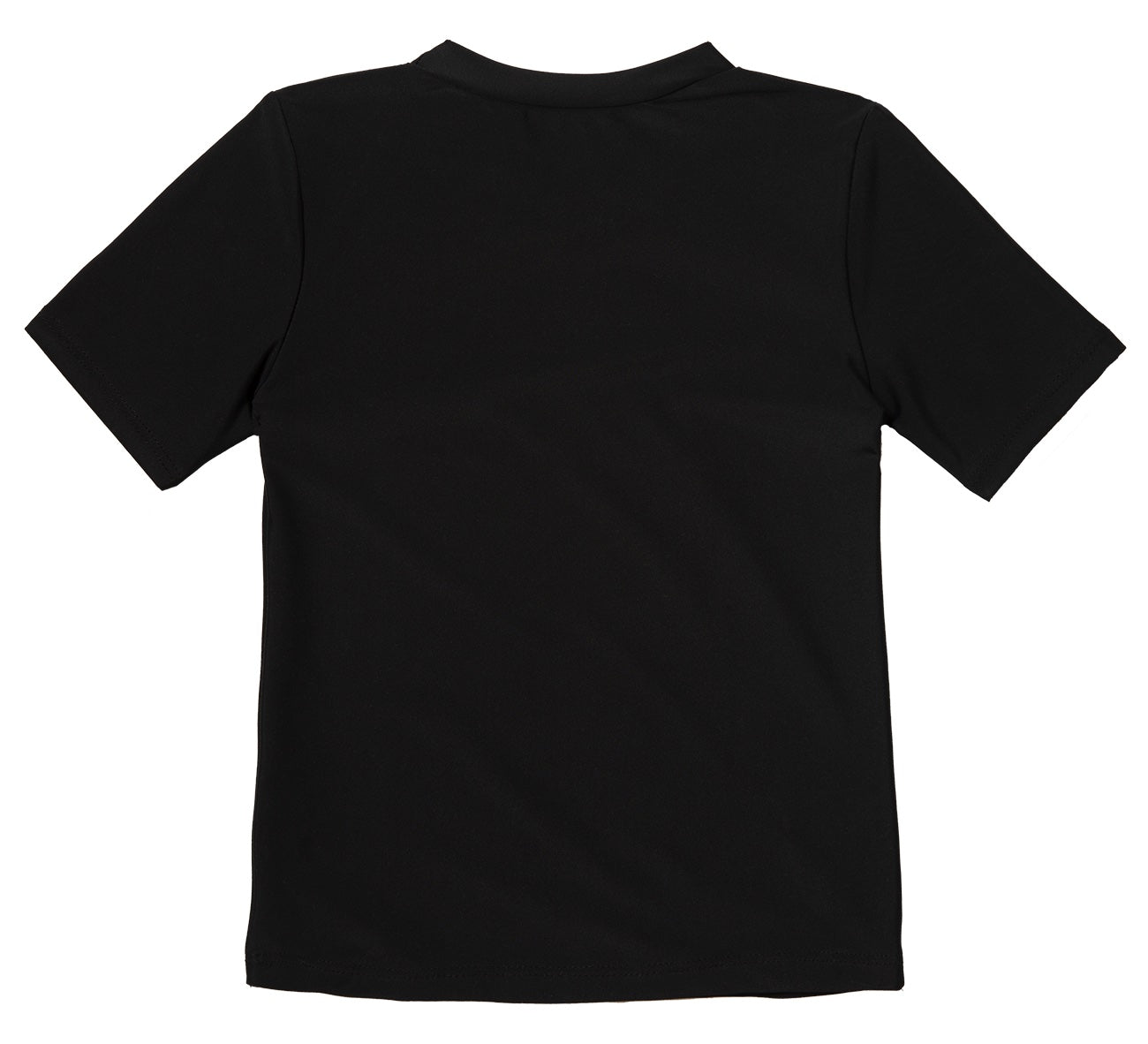 Back view of a Mojave Black short-sleeve shirt for kids, featuring a simple and stylish design. Ideal for active play.