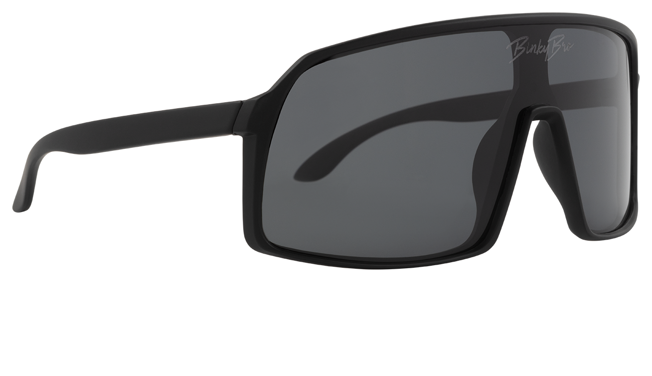 Sleek black sunglasses with a modern design, featuring large lenses and sturdy frames for a stylish look.