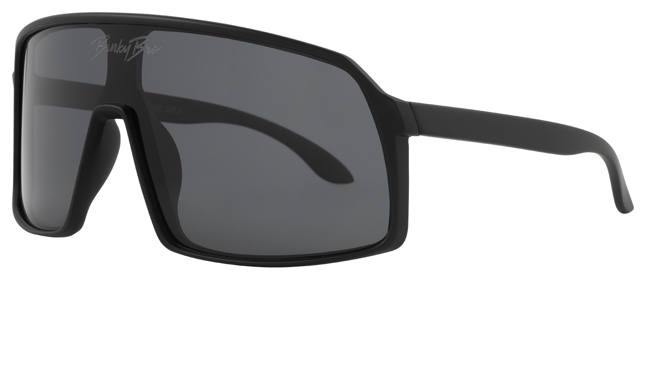 Sleek black sunglasses with a modern design, featuring large lenses and a sturdy frame, ideal for outdoor activities.