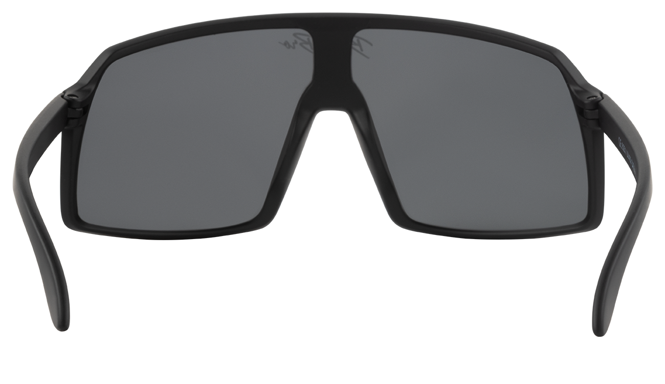 Sleek black sunglasses with a bold, angular frame and dark lenses, perfect for stylish outdoor adventures.