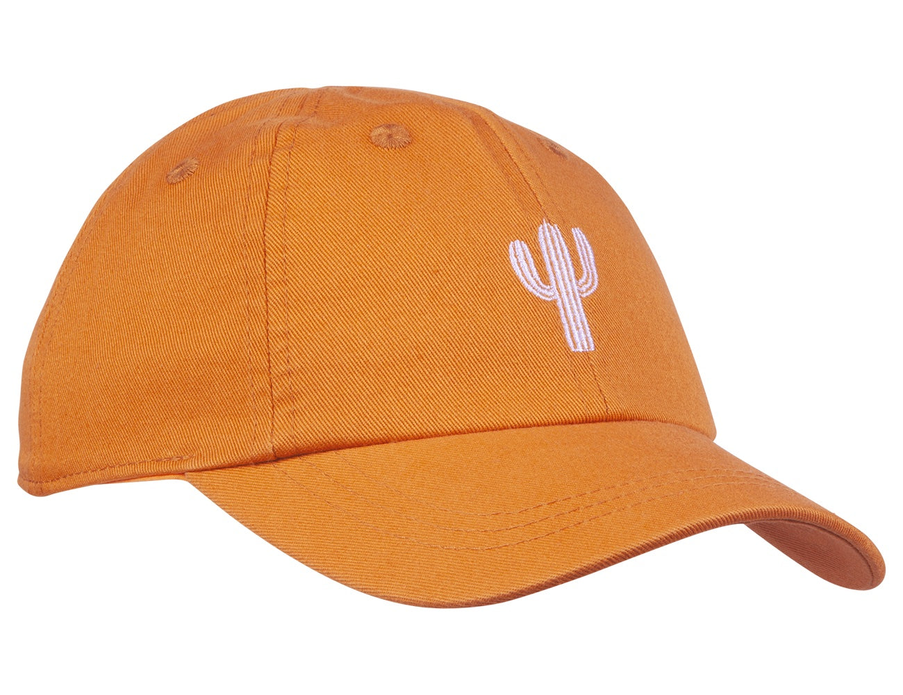 Stylish orange snapback cap featuring a white cactus embroidery, perfect for kids embracing a surf-snow-skate lifestyle.