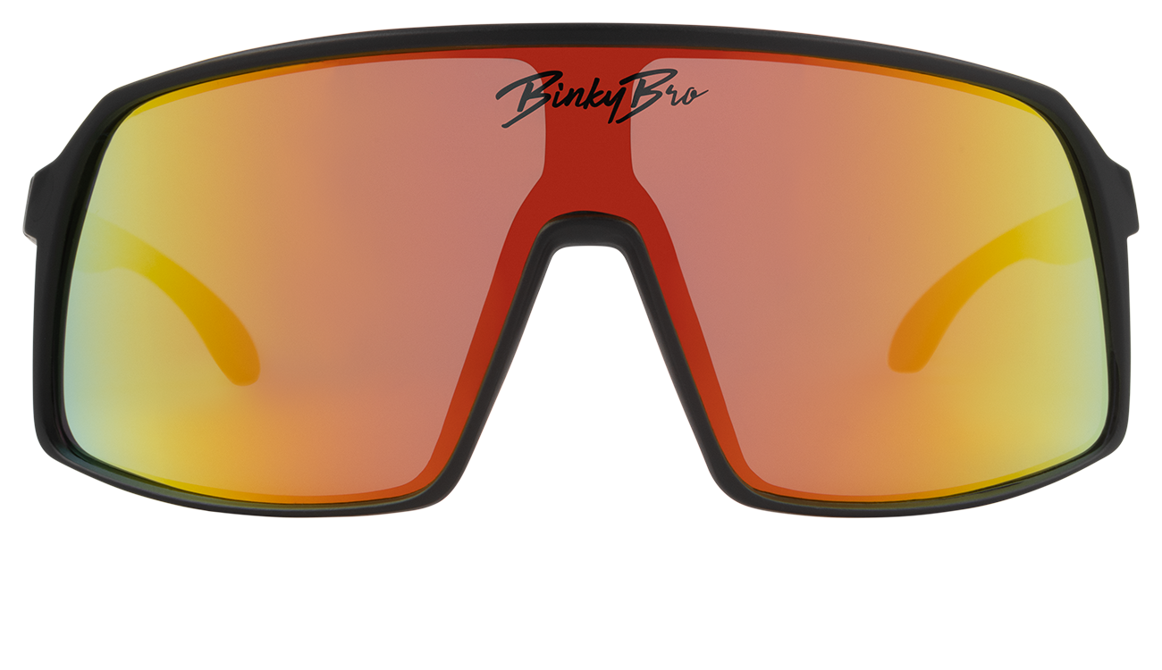 Sleek black-framed sunglasses with orange-tinted lenses, perfect for active kids embracing a surf-snow-skate lifestyle.