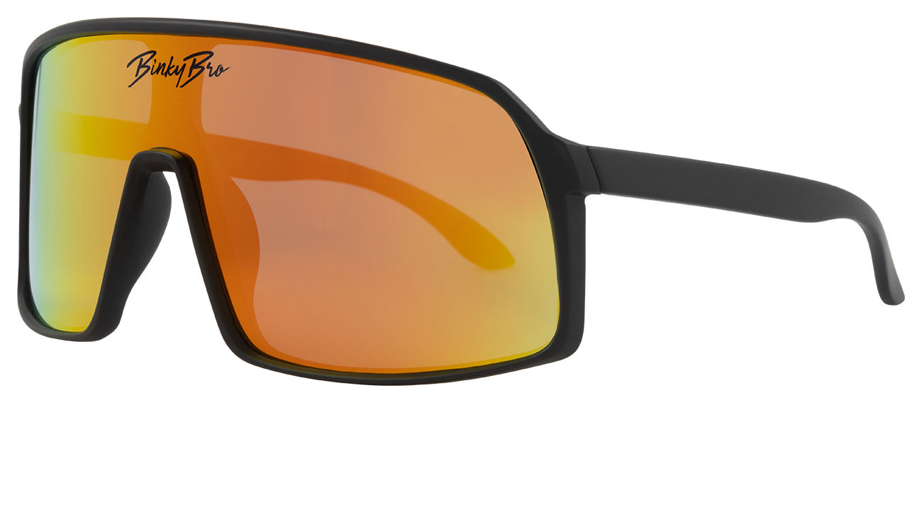 Stylish Monteverde Tiger sunglasses with a sleek black frame and orange mirrored lenses, perfect for active youth.