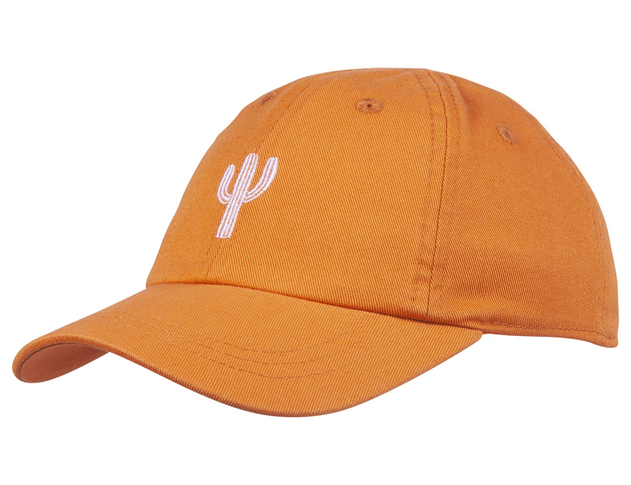 Stylish orange snapback hat featuring a white cactus embroidery, perfect for kids embracing a surf-snow-skate lifestyle.
