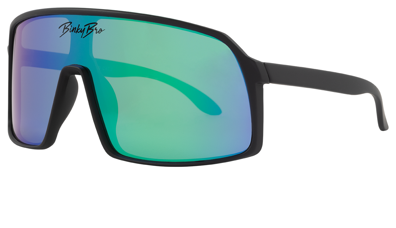 Stylish Monteverde sunglasses with a sleek black frame and reflective green lenses, perfect for outdoor adventures.