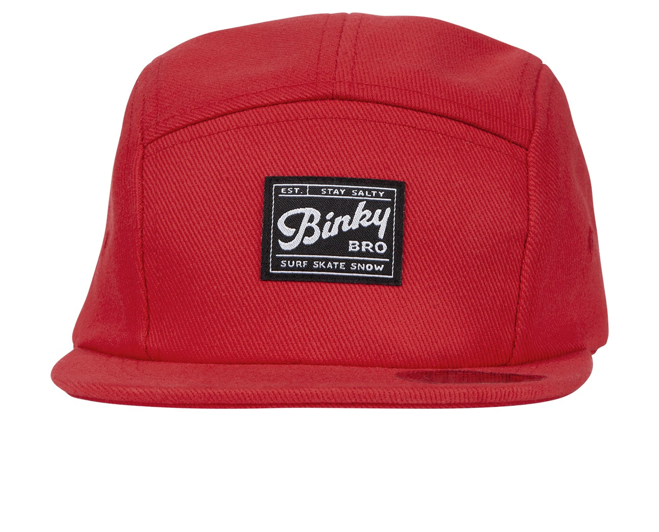 Red snapback hat from BinkyBro featuring a black logo patch, designed for stylish infants and toddlers.